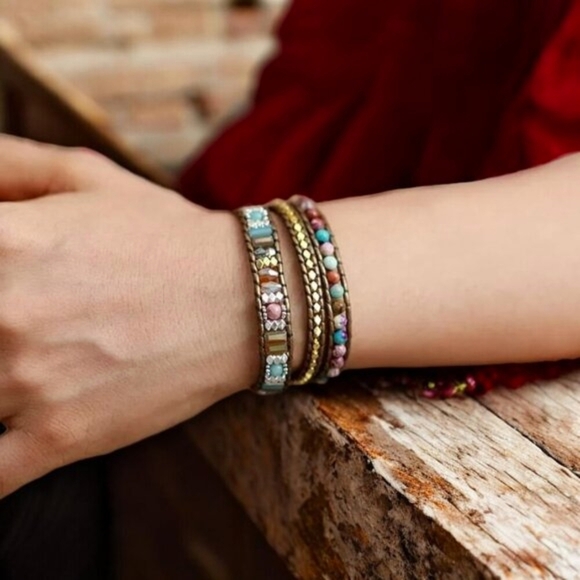 🆕️Bohemian Bliss Natural Jasper & Crystal Vegan Leather Wrap Bracelet 🎁💕🌈 - Picture 1 of 13